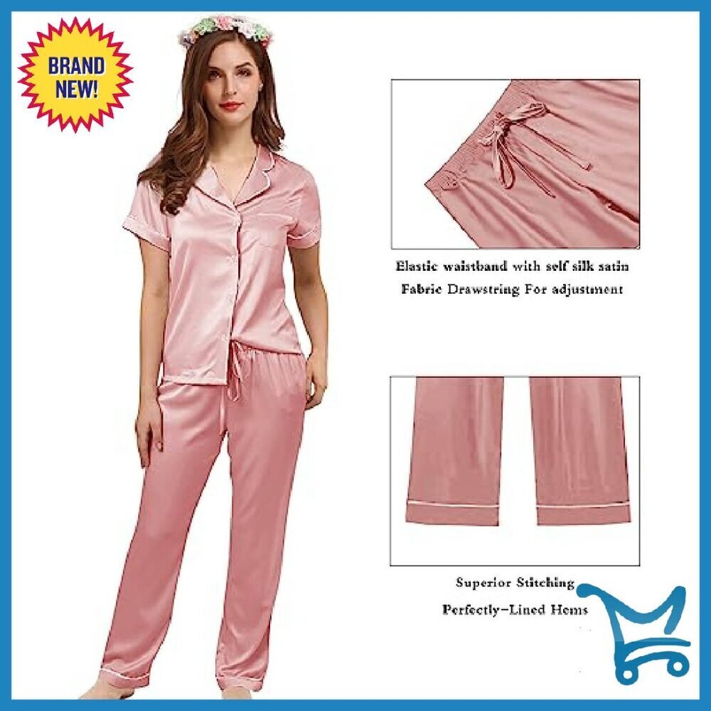 Silk Satin Pajama Set Shorts Button Down Loungewear Sleepwear - Picture 6 of 8